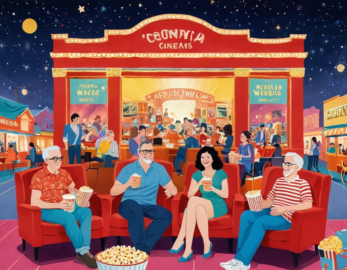 A vibrant and playful illustration showcasing a whimsical cinema setting, featuring oversized film reels and bright, colorful posters of joyful adult films. Include a diverse group of happy, mature adults enjoying themselves, laughing and sharing popcorn in a cozy atmosphere. Emphasize warmth, fun, and a sense of community in the depiction. The background should be filled with twinkling lights to evoke a festive feeling. cartoon style. vibrant colors. whimsical.