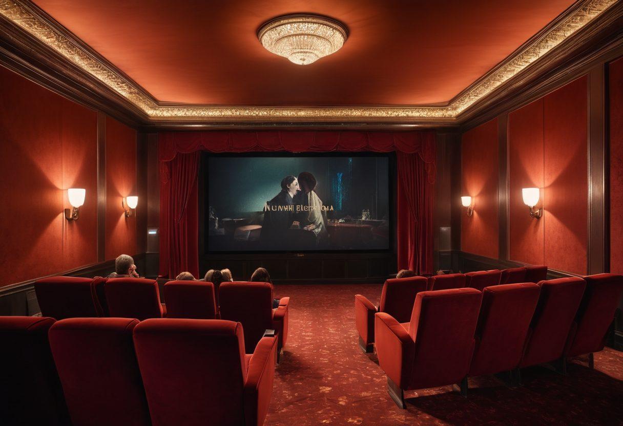 A soft-lit, inviting cinema interior showcasing people fully immersed in watching a mature film. Enchanting shadows play across plush velvet seats, while a large screen displays tasteful, abstract imagery suggesting sensuality and intimacy. Decorate the scene with subtle elements like film reels and theatrical masks, creating a sophisticated atmosphere. Emphasize warm, rich colors to evoke a sense of allure and excitement. super-realistic. warm colors. atmospheric lighting.
